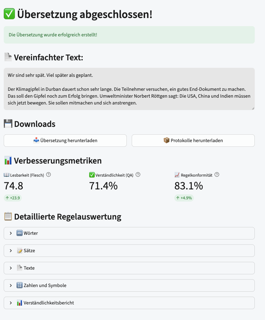 KlarText result screen: the finished simplified text, download buttons, and three improvement metrics (readability, comprehension, rule compliance), with collapsible rule categories below