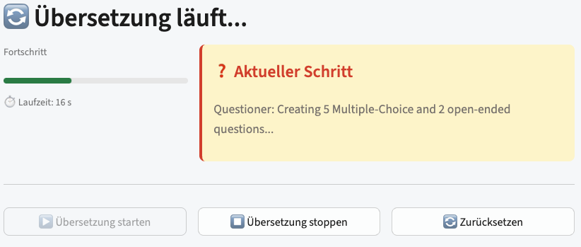 Live trace: the Questioner is creating five multiple-choice and two open-ended comprehension questions