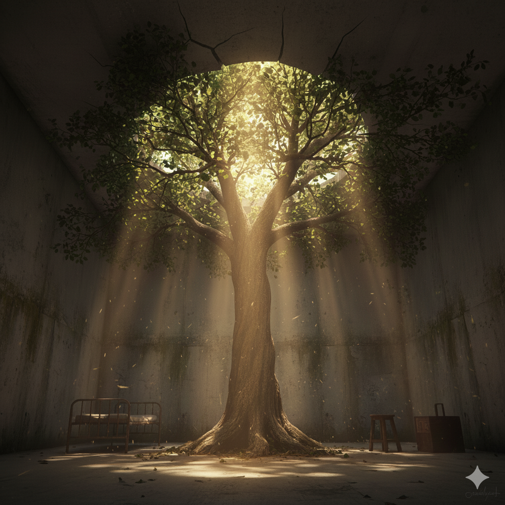 Tree sprouting in a whole in the roof