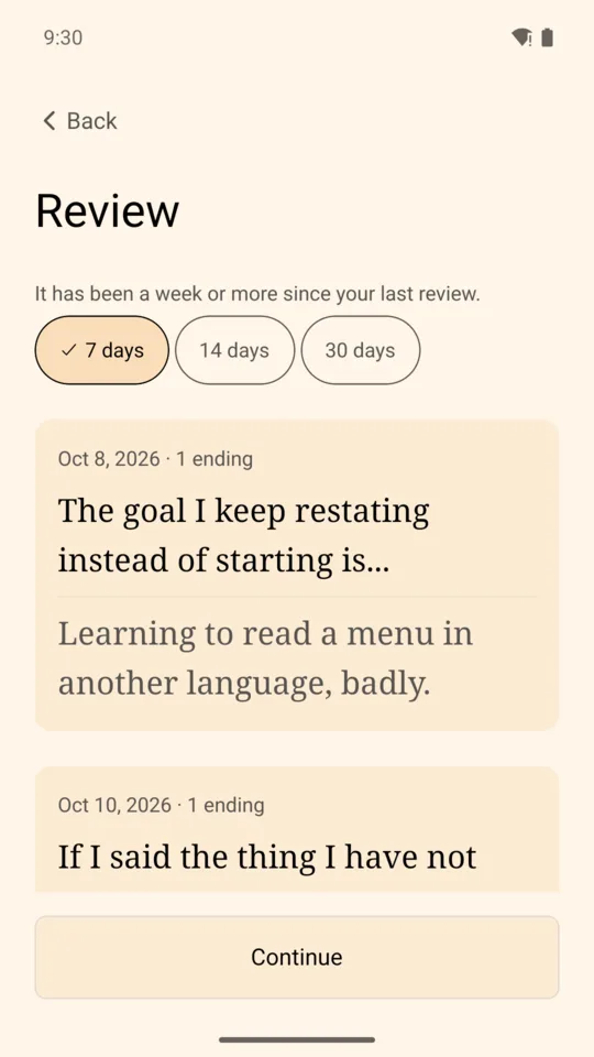 AwareMe review screen: past endings gathered for rereading over 7, 14 or 30 days